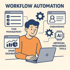 Workflow automation illustration. Character working on laptop with smart dashboards, AI automated business processes on screen. Task management, onboarding, artificial intelligence tools.
