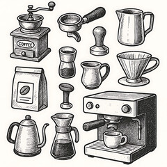 Coffee brewing equipment concept illustration. Collections of coffee grinder, portafilter, milk pitcher, espresso machine and other barista supplies. Hand drawn doodle vector illustrations set.