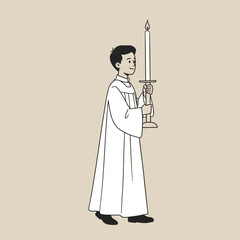 Line drawing of a young altar boy in a white robe holding a lit candle in a candlestick, walking solemnly during a religious ceremony.