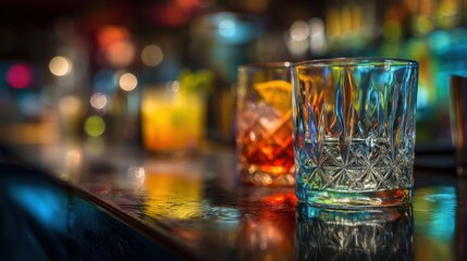 Crystal Glasses with Colorful Drinks on a Bar Counter Surrounded by Blurred Lights and Reflections, Inviting Atmosphere for Relaxation and Socialization