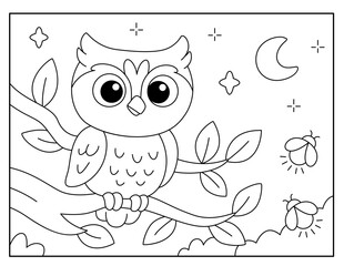 Cute Night Owl on Tree Branch – Kids Coloring Page Illustration