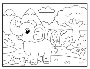 Cute Elephant in Nature – Kids Coloring Page Illustration