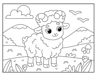 Cute Sheep in Meadow – Kids Coloring Page Illustration