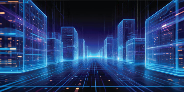 Digital technology data stream as a wave of binary code on a blue computer background for stock market finance graph illustration design
