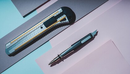 Paper cutter and craft knife arranged in a clean geometric flat lay on pastel background, simple and modern workspace style.