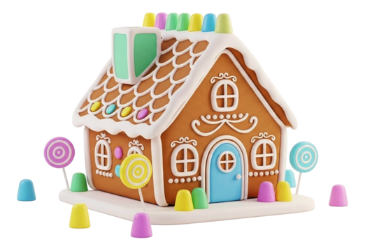Gingerbread house decorated with white icing colorful candies and lollipops cookie baking