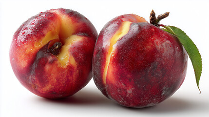 Fototapeta premium A high-detail close-up of two bruised peaches with visible cracks, dents, and moisture droplets on their red and yellow skin, showcasing natural imperfections and damaged texture.