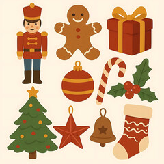 Christmas objects illustration set. Toy soldier, gingerbread, gift box, tree and other traditional winter holiday decorative toys. New Year celebration concept. Vector illustration. 