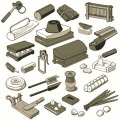 An assortment of traditional kitchen tools and food ingredients for cooking and preparation.