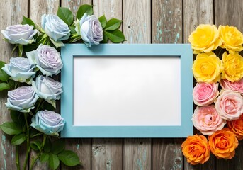 A flat lay composition with a light blue rectangular picture frame centered on a distressed wooden surface. On the left, pale blue and lilac roses with green foliage, and on the right, yellow, pink, a