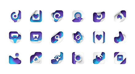 Set of Abstract Paper Cut Style UI App Icons in Purple and Blue Isolated
