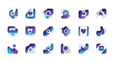 Set of Abstract Paper Cut Style UI App Icons in Purple and Blue Isolated