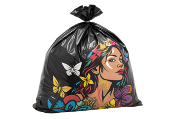A black garbage bag shows a vibrant illustration of a woman's face in profile, surrounded by beautiful flowers and flying butterflies.