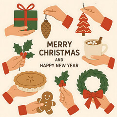 Hands gestures illustrations set. Characters hands holding seasonal gifts, holiday decorations and dishes. Merry Christmas and Happy New Year concept. Vector illustration