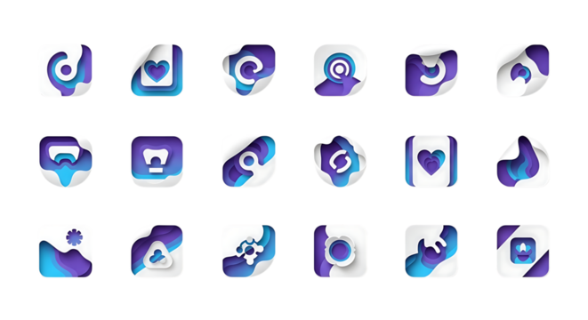 Set of Abstract Paper Cut Style UI App Icons in Purple and Blue Isolated