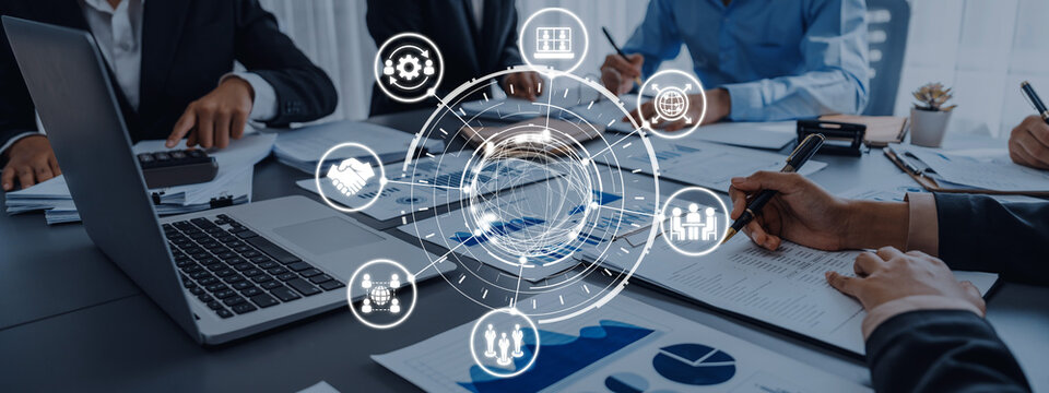 People networking and digital community with teamwork, partnership, collaboration and connection icons showing modern communication and relationship building. Entice - Powered by Adobe