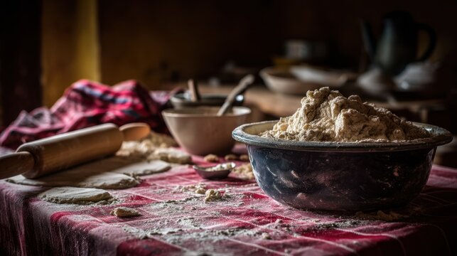 Rustic kitchen scene showcasing baking ingredients and tools on a wooden table with flour, bowls, rolling pin, and checkered cloth creating a warm atmosphere