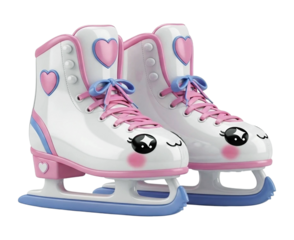 Pair of white ice skates with pink and blue accents and cute cartoon faces image