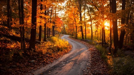 Obraz premium Winding Country Road Through a Golden Autumn Forest at Sunset.