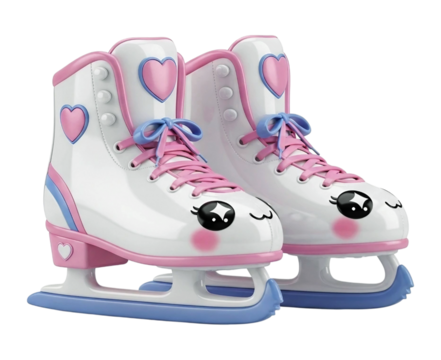 Pair of white ice skates with pink and blue accents and cute cartoon faces image