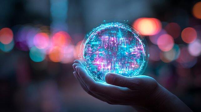 Glowing Orb Held In Hands With Cybernetic Circuitry And Blurry Lights holding globe
