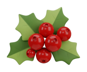 Realistic 3 D rendering of glossy red holly berries clustered on green leaves berry leaf