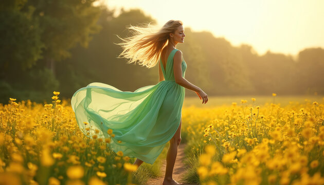 Young blonde woman walks through vibrant yellow flower field. Light green dress flows in wind. Long hair catches warm golden sunset light. Enjoys nature in peaceful summer evening alone during golden