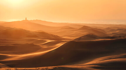 Golden desert dunes and distant lighthouse at sunset sand landscape