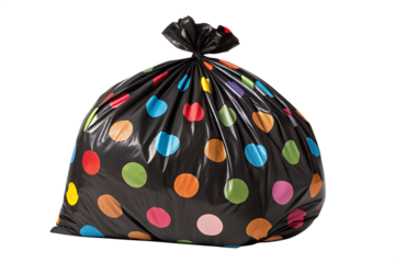 A shiny black plastic refuse sack with many vibrant multicolored polka dots stands upright, securely tied at its top, isolated on a dark background.