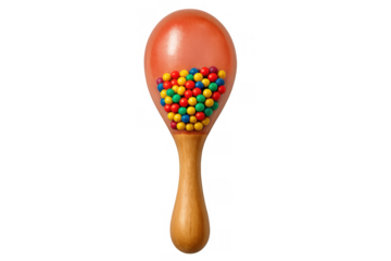 Colorful maraca toy with candy beads inside, representing fun, celebration, music, and childhood, on transparent background