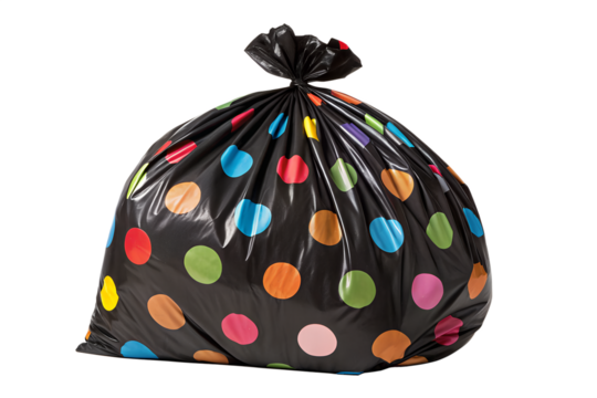 A shiny black plastic refuse sack with many vibrant multicolored polka dots stands upright, securely tied at its top, isolated on a dark background.