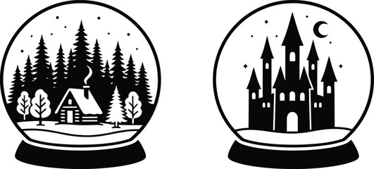 Winter Snow Globe Cabin Silhouette Design,Christmas Snow Globe Castle Clipart,Snow Globe Winter Scene Vector.