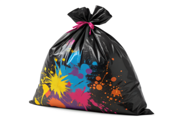 A black garbage bag stands upright, covered with bright, vibrant, and colorful paint splatters, tied securely with a pink ribbon.