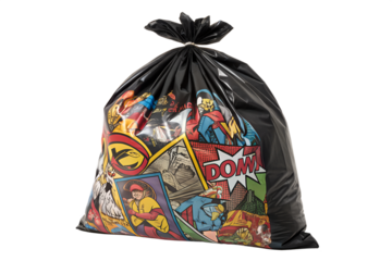 A black plastic refuse bag, full of vibrant colorful graphic art panels showing dynamic scenes and bold text, stands tied.