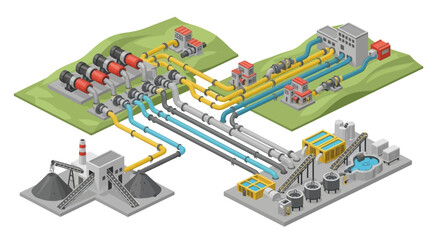 Complex industrial plant with pipes and processing equipment.
