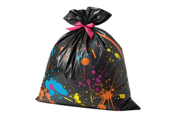 A black plastic bag with vibrant paint splatters is tied at the top with a pink ribbon and isolated on a black background.