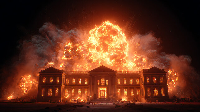 Grand building engulfed in massive fiery explosion fire destruction