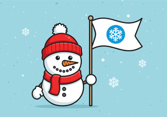 Cute Snowman with Flag and Snowflakes Illustration