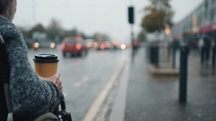 Person In Wheelchair Holding Coffee Cup On Rainy City Street. Urban Mobility And Accessibility