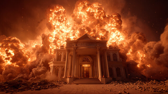 Grand structure engulfed by fiery explosion fire destruction