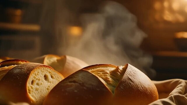 Realistic close-up video of steam rising from freshly baked bread with warm cozy lighting