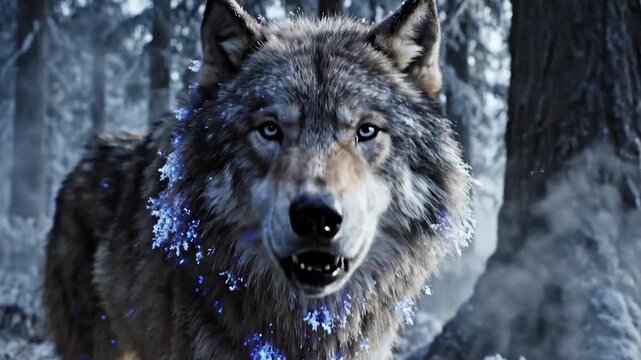 Majestic wolf with glowing blue fur in a snowy forest, evoking a sense of winter magic and wild nature