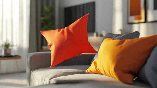 The image showcases a contemporary living room with stylish orange and blue accents. The seating area features a plush couch complemented by vibrant throw pillows, inviting relaxation.