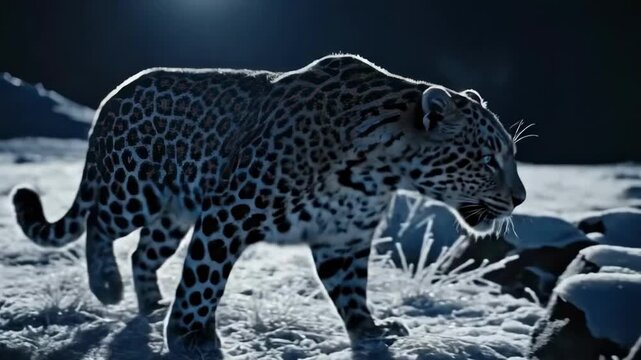 Stealthy leopard moving through a frost-covered winter night, its captivating coat patterned against the stark, icy wilderness and soft, ambient glow