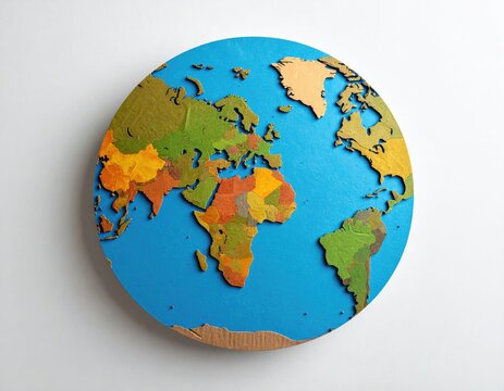 Colorful, textured world map art on a white surface