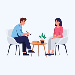 concept of an interview of a man and a woman who are sitting in chairs