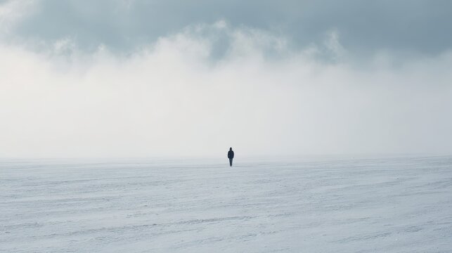 Solitary Figure Walking On Vast Snowy Landscape Under Cloudy Sky. Emphasizes Isolation And Introspection