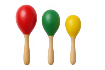 Three maracas in red, green, and yellow with natural wooden handles creating caribbean music rhythm