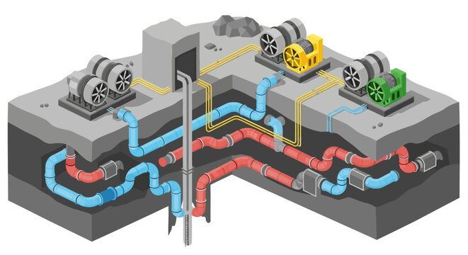 Geothermal energy system with underground pipes and surface generators.