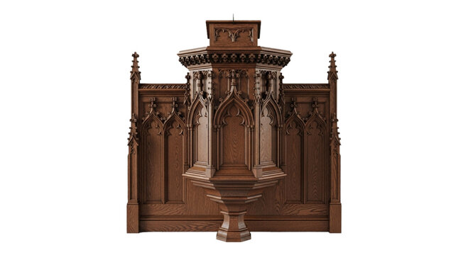 Detailed wooden gothic church pulpit and screen. cutout on transparent background